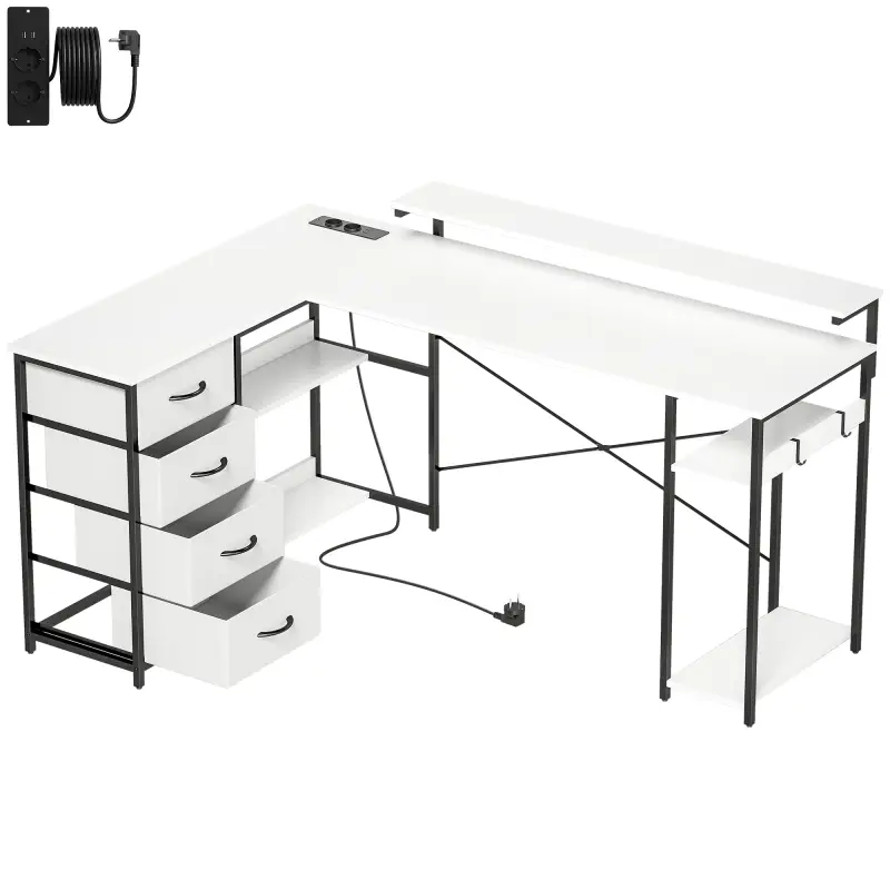 Escritorio en L Reversible con 4 Cajones de Tela 2 Enchufes y 2 Puertos USB Soporte para Monitor 155x112 cm Blanco Escritorio en L Reversible con 4 Cajones de Tela 2 Enchufes y 2 Puertos USB Soporte para Monitor 155x112 cm Blanco