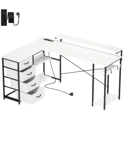 Escritorio en L Reversible con 4 Cajones de Tela 2 Enchufes y 2 Puertos USB Soporte para Monitor 155x112 cm Blanco
