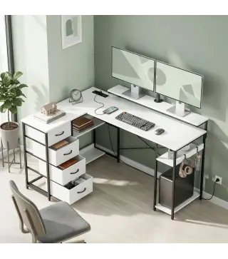 Escritorio en L Reversible con 4 Cajones de Tela 2 Enchufes y 2 Puertos USB Soporte para Monitor 155x112 cm Blanco