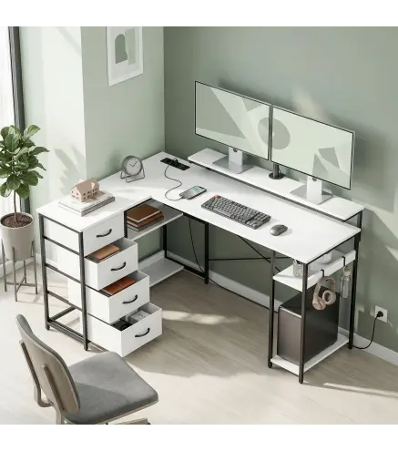 Escritorio en L Reversible con 4 Cajones de Tela 2 Enchufes y 2 Puertos USB Soporte para Monitor 155x112 cm Blanco