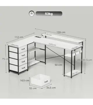 Escritorio en L Reversible con 4 Cajones de Tela 2 Enchufes y 2 Puertos USB Soporte para Monitor 155x112 cm Blanco