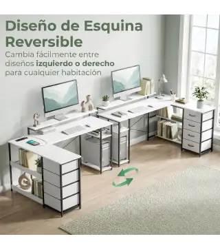 Escritorio en L Reversible con 4 Cajones de Tela 2 Enchufes y 2 Puertos USB Soporte para Monitor 155x112 cm Blanco