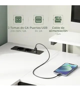 Escritorio en L Reversible con 4 Cajones de Tela 2 Enchufes y 2 Puertos USB Soporte para Monitor 155x112 cm Blanco