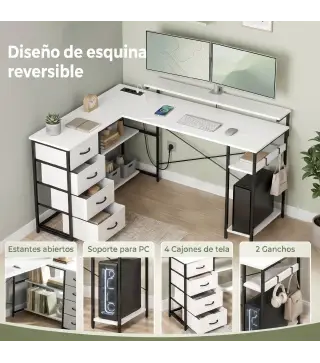 Escritorio en L Reversible con 4 Cajones de Tela 2 Enchufes y 2 Puertos USB Soporte para Monitor 155x112 cm Blanco