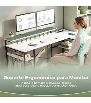 Escritorio en L Reversible con 4 Cajones de Tela 2 Enchufes y 2 Puertos USB Soporte para Monitor 155x112 cm Blanco