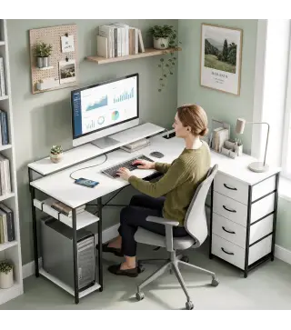 Escritorio en L Reversible con 4 Cajones de Tela 2 Enchufes y 2 Puertos USB Soporte para Monitor 155x112 cm Blanco
