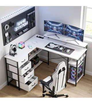 Escritorio en L Reversible con 4 Cajones de Tela 2 Enchufes y 2 Puertos USB Soporte para Monitor 155x112 cm Blanco