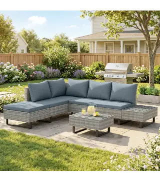 Conjunto de Jardín de Ratán de 3 Piezas Respaldo Ajustable Incluye Cojines Sofá de 3 Plazas Sofá de 2 Plazas Mesa Gris