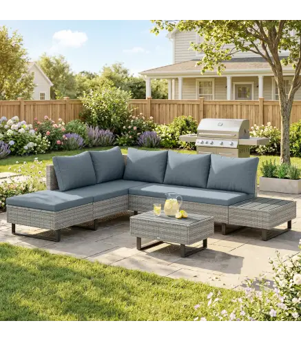 Conjunto de Jardín de Ratán de 3 Piezas Respaldo Ajustable Incluye Cojines Sofá de 3 Plazas Sofá de 2 Plazas Mesa Gris