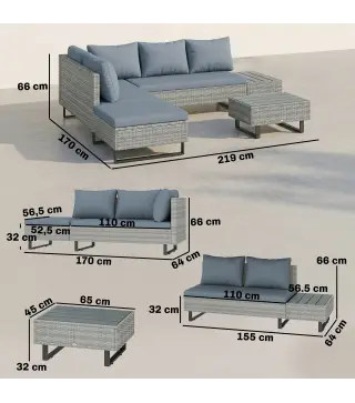 Conjunto de Jardín de Ratán de 3 Piezas Respaldo Ajustable Incluye Cojines Sofá de 3 Plazas Sofá de 2 Plazas Mesa Gris