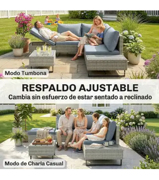 Conjunto de Jardín de Ratán de 3 Piezas Respaldo Ajustable Incluye Cojines Sofá de 3 Plazas Sofá de 2 Plazas Mesa Gris