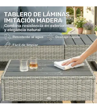 Conjunto de Jardín de Ratán de 3 Piezas Respaldo Ajustable Incluye Cojines Sofá de 3 Plazas Sofá de 2 Plazas Mesa Gris