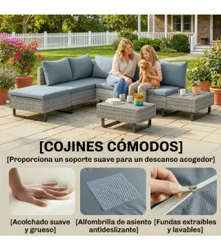Conjunto de Jardín de Ratán de 3 Piezas Respaldo Ajustable Incluye Cojines Sofá de 3 Plazas Sofá de 2 Plazas Mesa Gris