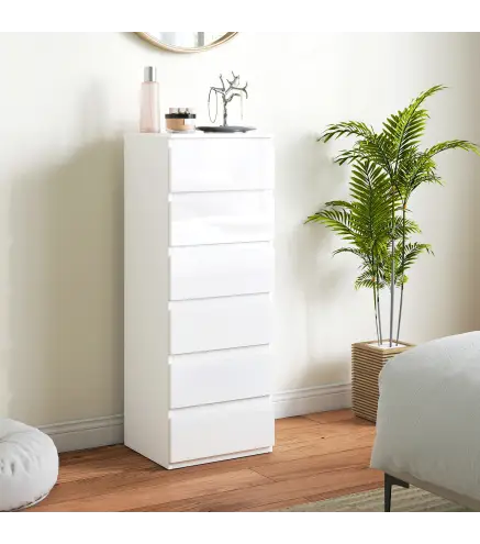 Cómoda de Dormitorio con 6 Cajones Estrecha Sinfonier Ahorro Espacio 40x35x109 cm Blanco Brillo