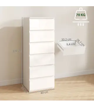 Cómoda de Dormitorio con 6 Cajones Estrecha Sinfonier Ahorro Espacio 40x35x109 cm Blanco Brillo