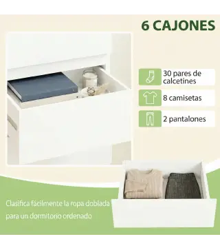Cómoda de Dormitorio con 6 Cajones Estrecha Sinfonier Ahorro Espacio 40x35x109 cm Blanco Brillo