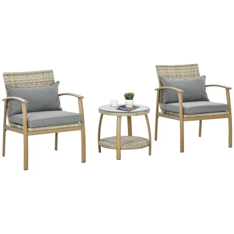 Juego de 3 Piezas Sillas y Mesa de Ratán con Marco de Aluminio Incluye 2 Sillas 1 Mesa y Cojines Natural y Marrón Juego de 3 Piezas Sillas y Mesa de Ratán con Marco de Aluminio Incluye 2 Sillas 1 Mesa y Cojines Natural y Marrón