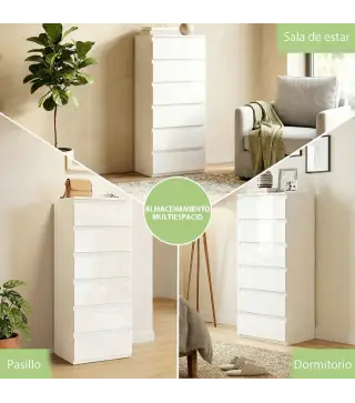 Cómoda de Dormitorio con 6 Cajones Estrecha Sinfonier Ahorro Espacio 40x35x109 cm Blanco Brillo