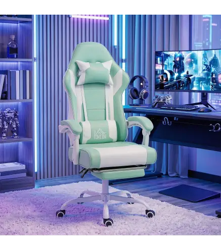 Silla Gamer con Lumbar Masaje Vibración Reclinable 155° Altura Ajustable Reposacabezas y Reposapiés Retráctil Azul
