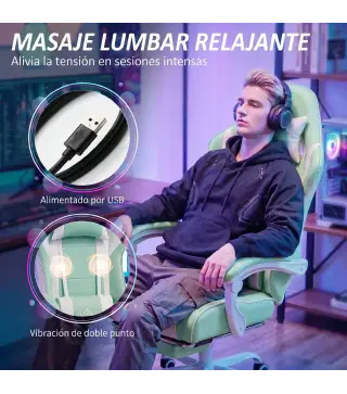 Silla Gamer con Lumbar Masaje Vibración Reclinable 155° Altura Ajustable Reposacabezas y Reposapiés Retráctil Azul