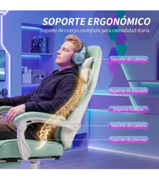 Silla Gamer con Lumbar Masaje Vibración Reclinable 155° Altura Ajustable Reposacabezas y Reposapiés Retráctil Azul