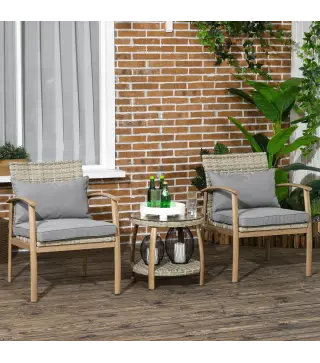 Juego de 3 Piezas Sillas y Mesa de Ratán con Marco de Aluminio Incluye 2 Sillas 1 Mesa y Cojines Natural y Marrón