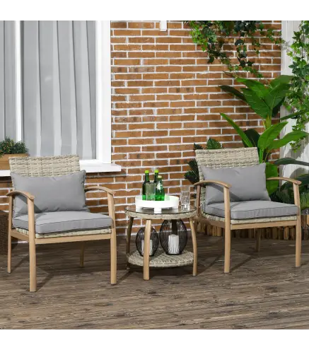 Juego de 3 Piezas Sillas y Mesa de Ratán con Marco de Aluminio Incluye 2 Sillas 1 Mesa y Cojines Natural y Marrón