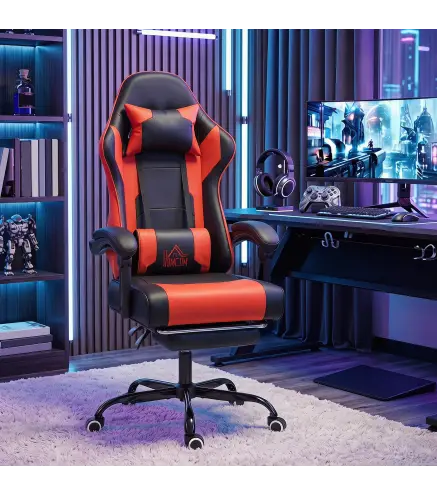 Silla Gamer con Lumbar Masaje Vibración Reclinable 155° Altura Ajustable Reposacabezas y Reposapiés Retráctil Rojo