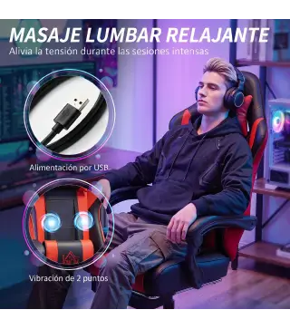 Silla Gamer con Lumbar Masaje Vibración Reclinable 155° Altura Ajustable Reposacabezas y Reposapiés Retráctil Rojo