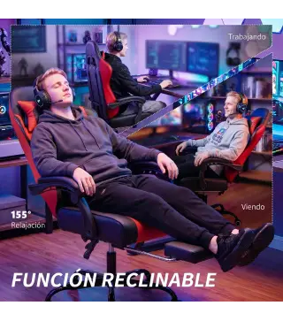 Silla Gamer con Lumbar Masaje Vibración Reclinable 155° Altura Ajustable Reposacabezas y Reposapiés Retráctil Rojo