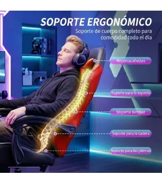 Silla Gamer con Lumbar Masaje Vibración Reclinable 155° Altura Ajustable Reposacabezas y Reposapiés Retráctil Rojo