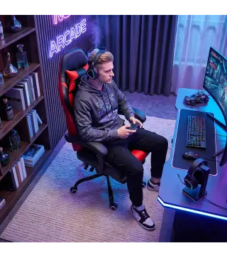 Silla Gamer con Lumbar Masaje Vibración Reclinable 155° Altura Ajustable Reposacabezas y Reposapiés Retráctil Rojo
