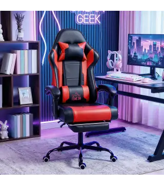 Silla Gamer con Lumbar Masaje Vibración Reclinable 155° Altura Ajustable Reposacabezas y Reposapiés Retráctil Rojo