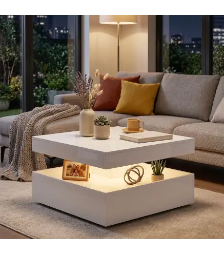 Mesa de Centro con LED RGB de Alto Brillo con Almacenamiento Abierto y Mando a Distancia 78x78x40 cm Blanco Brillante