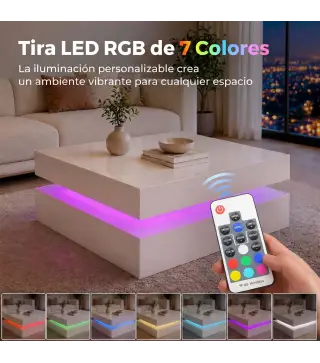 Mesa de Centro con LED RGB de Alto Brillo con Almacenamiento Abierto y Mando a Distancia 78x78x40 cm Blanco Brillante