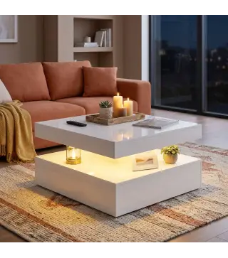 Mesa de Centro con LED RGB de Alto Brillo con Almacenamiento Abierto y Mando a Distancia 78x78x40 cm Blanco Brillante