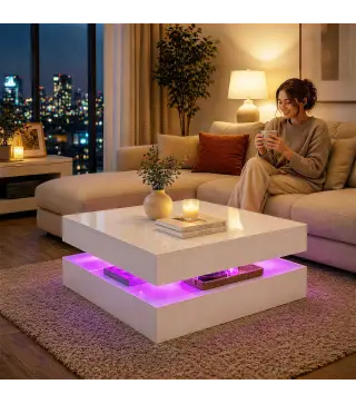 Mesa de Centro con LED RGB de Alto Brillo con Almacenamiento Abierto y Mando a Distancia 78x78x40 cm Blanco Brillante