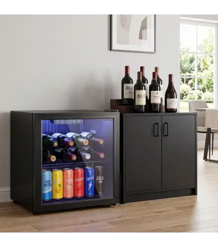 Frigorífico de Bebidas 50 L con Puerta de Vidrio Doble Iluminación LED Estante Ajustable para 48 Latas Negro