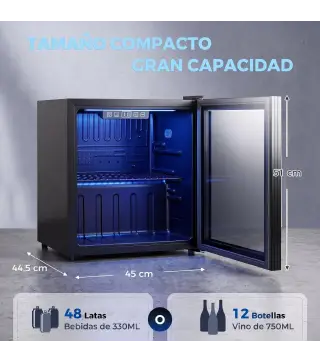 Frigorífico de Bebidas 50 L con Puerta de Vidrio Doble Iluminación LED Estante Ajustable para 48 Latas Negro