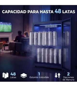 Frigorífico de Bebidas 50 L con Puerta de Vidrio Doble Iluminación LED Estante Ajustable para 48 Latas Negro