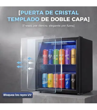 Frigorífico de Bebidas 50 L con Puerta de Vidrio Doble Iluminación LED Estante Ajustable para 48 Latas Negro