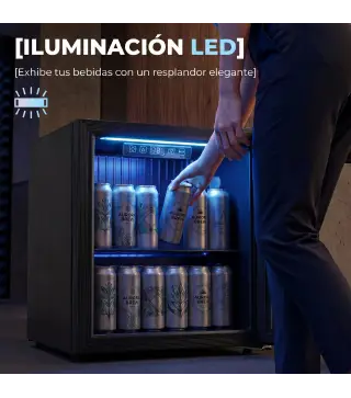 Frigorífico de Bebidas 50 L con Puerta de Vidrio Doble Iluminación LED Estante Ajustable para 48 Latas Negro