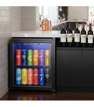 Frigorífico de Bebidas 50 L con Puerta de Vidrio Doble Iluminación LED Estante Ajustable para 48 Latas Negro
