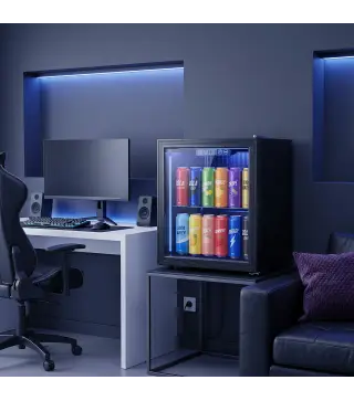 Frigorífico de Bebidas 50 L con Puerta de Vidrio Doble Iluminación LED Estante Ajustable para 48 Latas Negro
