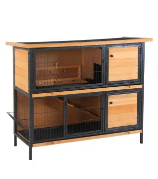 Jaula para Conejos con Techo Asfáltico Abatible Puertas con Pestillo Bandejas Extraíbles 122x50x101 cm Natural y Negro