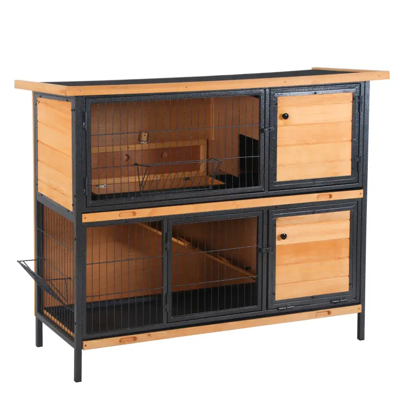 Jaula para Conejos con Techo Asfáltico Abatible Puertas con Pestillo Bandejas Extraíbles 122x50x101 cm Natural y Negro
