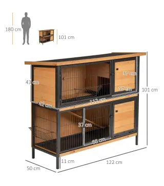 Jaula para Conejos con Techo Asfáltico Abatible Puertas con Pestillo Bandejas Extraíbles 122x50x101 cm Natural y Negro