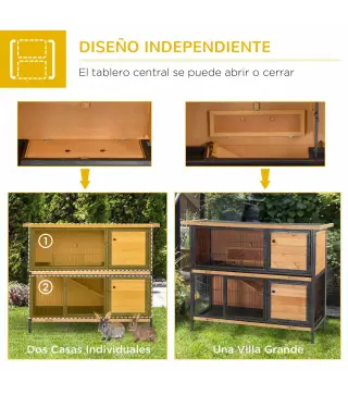 Jaula para Conejos con Techo Asfáltico Abatible Puertas con Pestillo Bandejas Extraíbles 122x50x101 cm Natural y Negro