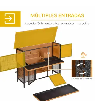 Jaula para Conejos con Techo Asfáltico Abatible Puertas con Pestillo Bandejas Extraíbles 122x50x101 cm Natural y Negro