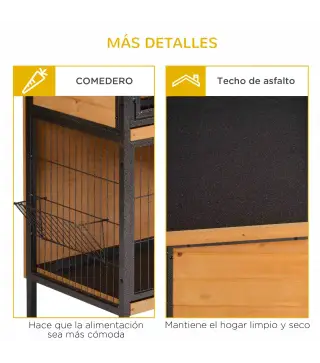 Jaula para Conejos con Techo Asfáltico Abatible Puertas con Pestillo Bandejas Extraíbles 122x50x101 cm Natural y Negro